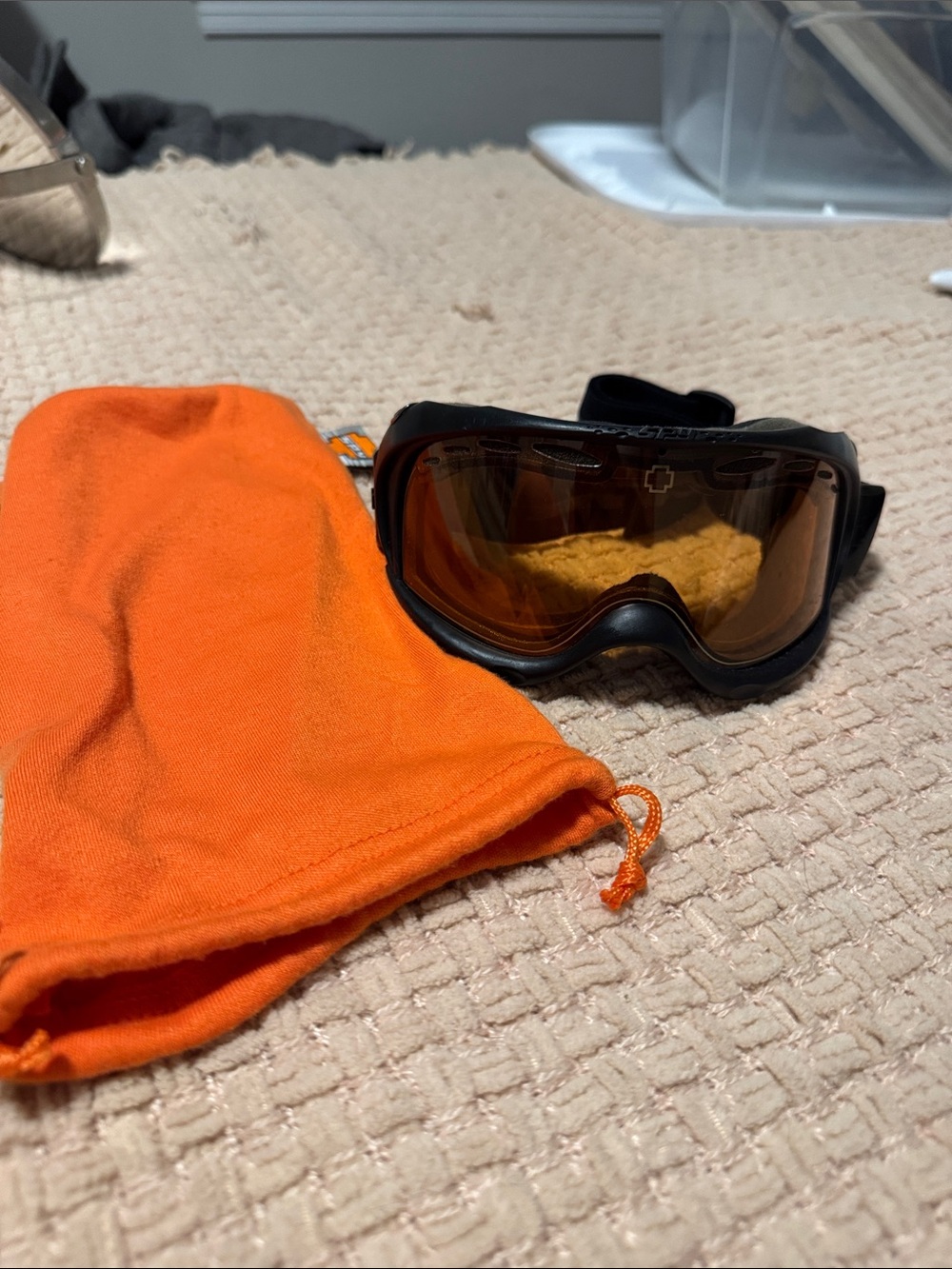 Black Ski Goggles with Orange Lens and Orange Pouch